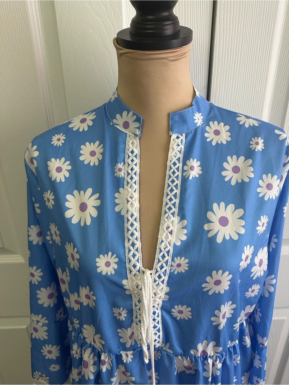 Blue Daisy Print Mini Dress with Tassel Tie - Picture 2 of 7